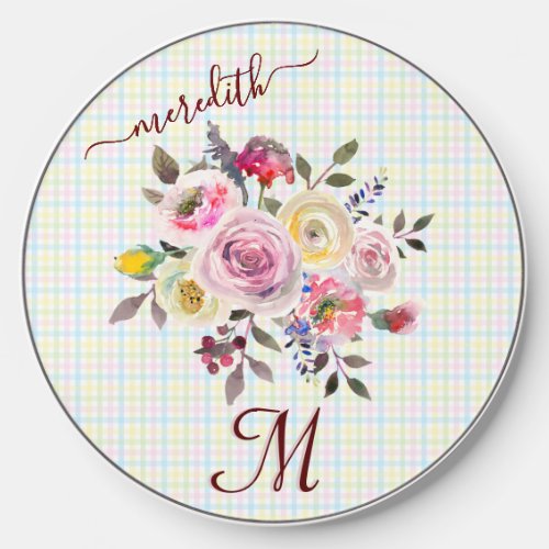 Pickleball Gal Flowers Plaid Monogram Name Wireless Charger