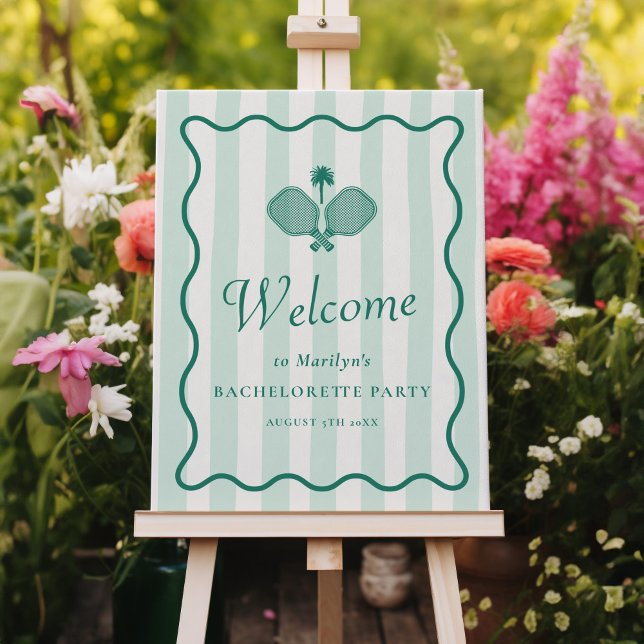 Pickleball Green Elegant Bachelorette Welcome Sign (pickleball bachelorette party welcome sign with paddles and green background)