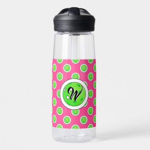 Pickleball Green Personalized Polka Dots Hot Pink  Water Bottle