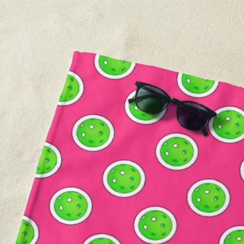 Pickleball Green Pickleballs Polka Dots Hot Pink Beach Towel