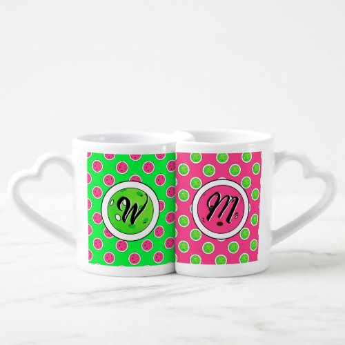 Pickleball Green Pickleballs Polka Dots Hot Pink Coffee Mug Set