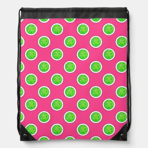 Pickleball Green Pickleballs Polka Dots Hot Pink Drawstring Bag