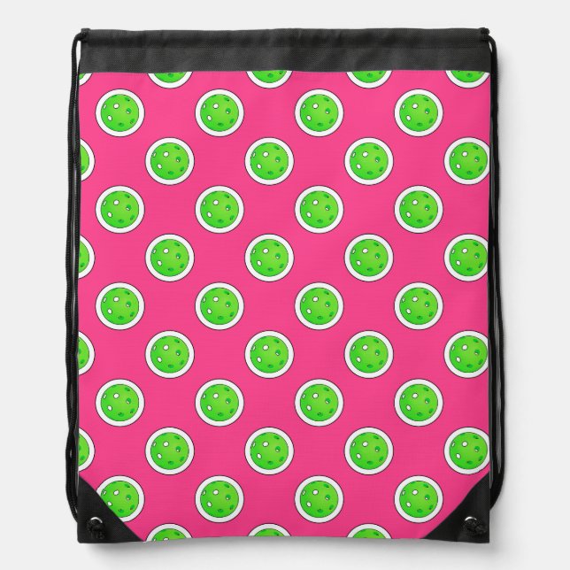 Pickleball Green Pickleballs Polka Dots Hot Pink Drawstring Bag (Front)