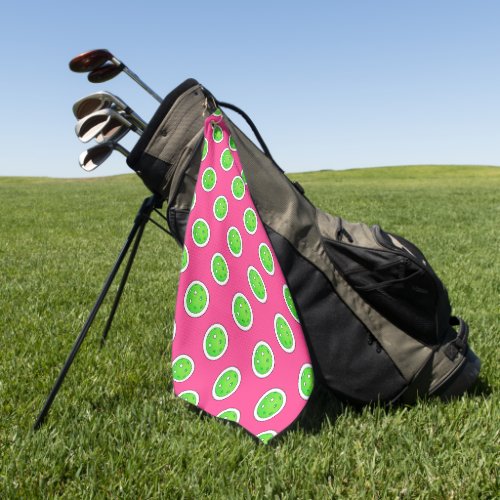 Pickleball Green Pickleballs Polka Dots Hot Pink Golf Towel