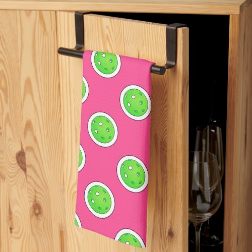 Pickleball Green Pickleballs Polka Dots Hot Pink Kitchen Towel