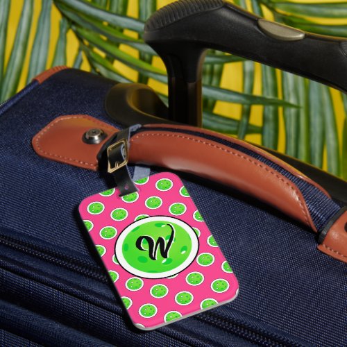 Pickleball Green Pickleballs Polka Dots Hot Pink Luggage Tag