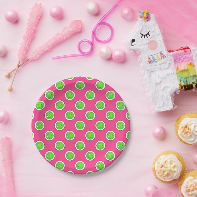 Pickleball Green Pickleballs Polka Dots Hot Pink Paper Plates (Party)