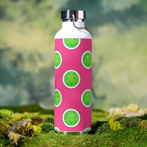 Pickleball Green Pickleballs Polka Dots Hot Pink Water Bottle