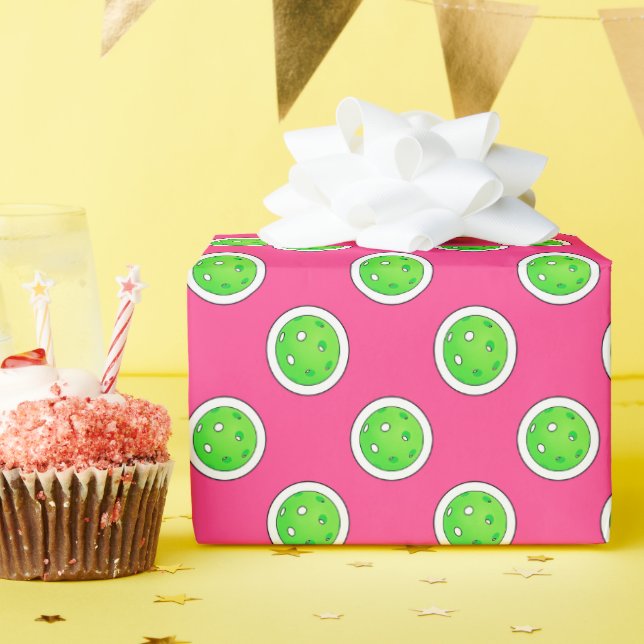 Pickleball Green Pickleballs Polka Dots Hot Pink Wrapping Paper (Birthday Party)