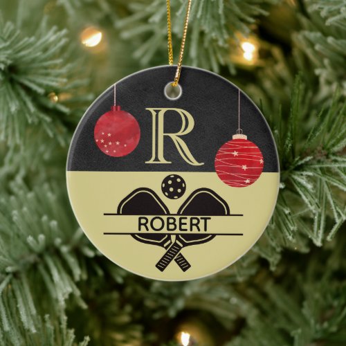 Pickleball Guy Christmas Monogram Initial Name     Ceramic Ornament