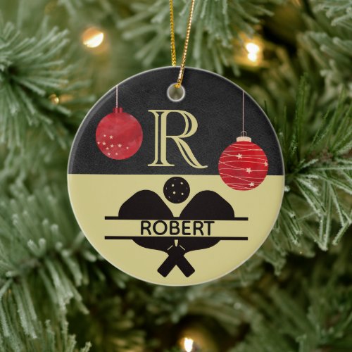Pickleball Guy Christmas Monogram Initial Name     Ceramic Ornament