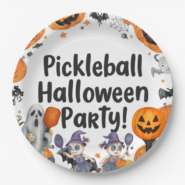 Pickleball Halloween Party  with paddle and ball Paper Plates (Front)