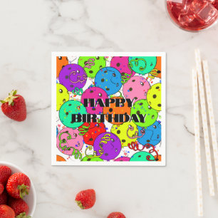Pickleball Happy Birthday Balloons Confetti White Napkins