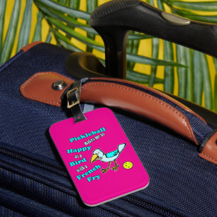 Pickleball Happy Blue Bird Yellow and Pink Luggage Tag