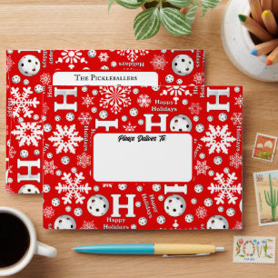 Pickleball Happy Ho Ho Holiday Snowballs Red White Envelope