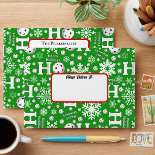 Pickleball Happy Holiday Snowflakes Green White Envelope