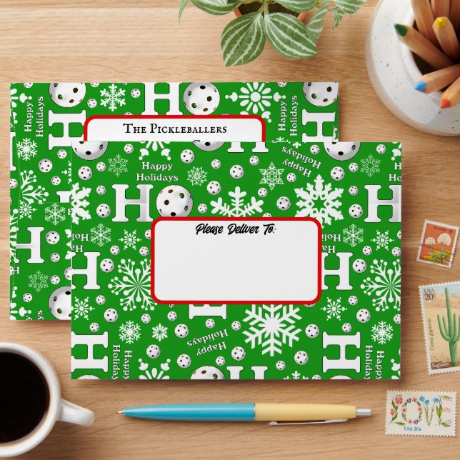 Pickleball Happy Holiday Snowflakes Green White Envelope (Desk)