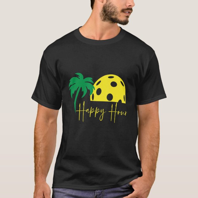 Pickleball  HAPPY HOUR  Huge Sunset Palm Tree T-Shirt (Front)
