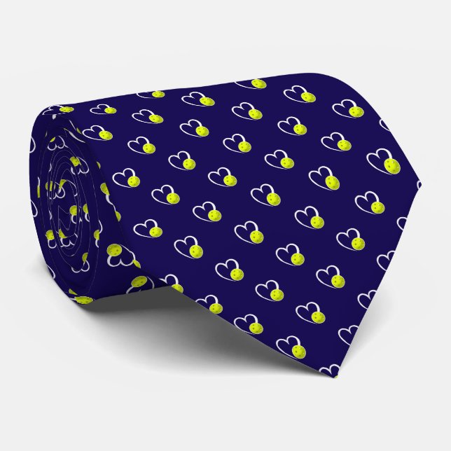 Pickleball Heart Valentine Love Yellow & Navy Blue Neck Tie (Rolled)