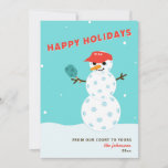 Pickleball Holiday Christmas Humorous Snowman Card<br><div class="desc">Your family and friends will get a chuckle when they see this pickleball snowman holiday card! In red,  blue and white. Text below the snowman is customizable. Part of a collection from Parcel Studios.</div>