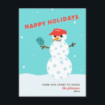 Pickleball Holiday Christmas Humorous Snowman Card<br><div class="desc">Your family and friends will get a chuckle when they see this pickleball snowman holiday card! In red,  blue and white. Text below the snowman is customizable. Part of a collection from Parcel Studios.</div>