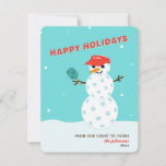 Pickleball Holiday Christmas Humorous Snowman Card<br><div class="desc">Your family and friends will get a chuckle when they open this pickleball snowman holiday card! In red,  blue and white. Text below the snowman is customizable. Part of a collection from Parcel Studios.</div>