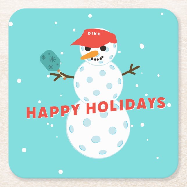 Pickleball Holiday Party Humorous Snowman Square Paper Coaster (Front)