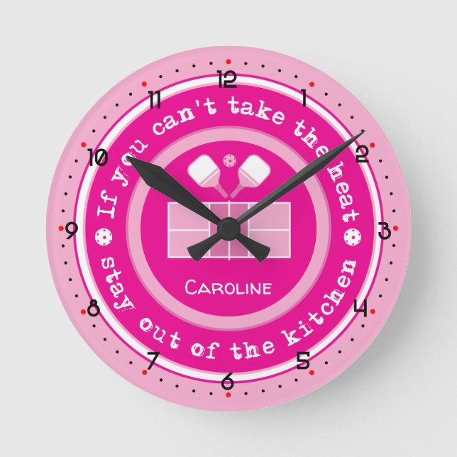 Pickleball: if you cant take the heat custom text round clock (Front)