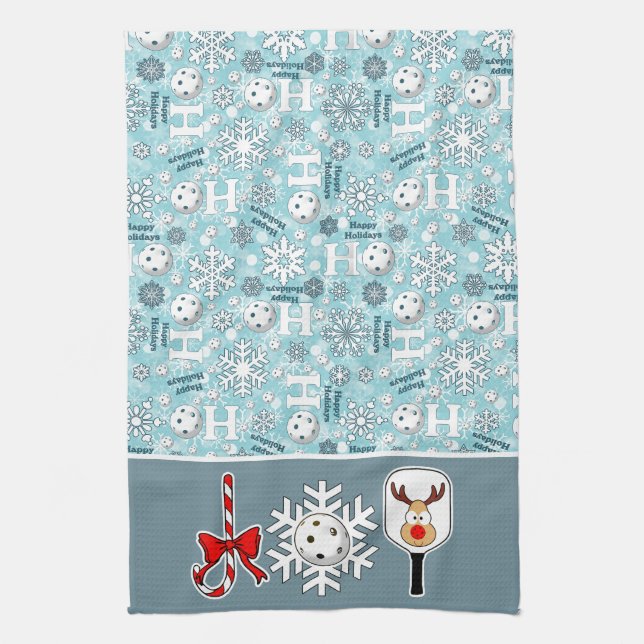 Pickleball Joy Christmas Blue White Reindeer Kitchen Towel (Vertical)