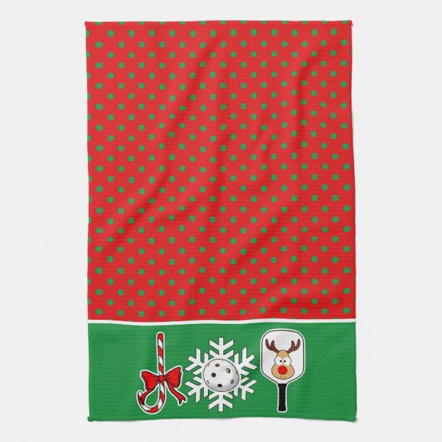 Pickleball Joy Christmas Party Green red Reindeer Kitchen Towel (Vertical)