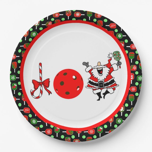 Pickleball Joy Christmas Party Red Green and Black Paper Plates (Front)