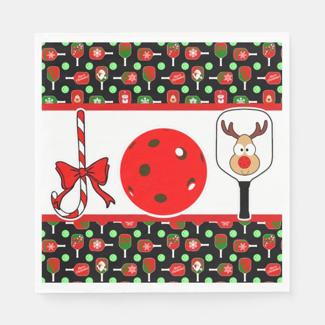 Pickleball Joy Christmas Party Red Green on Black Napkins (Front)