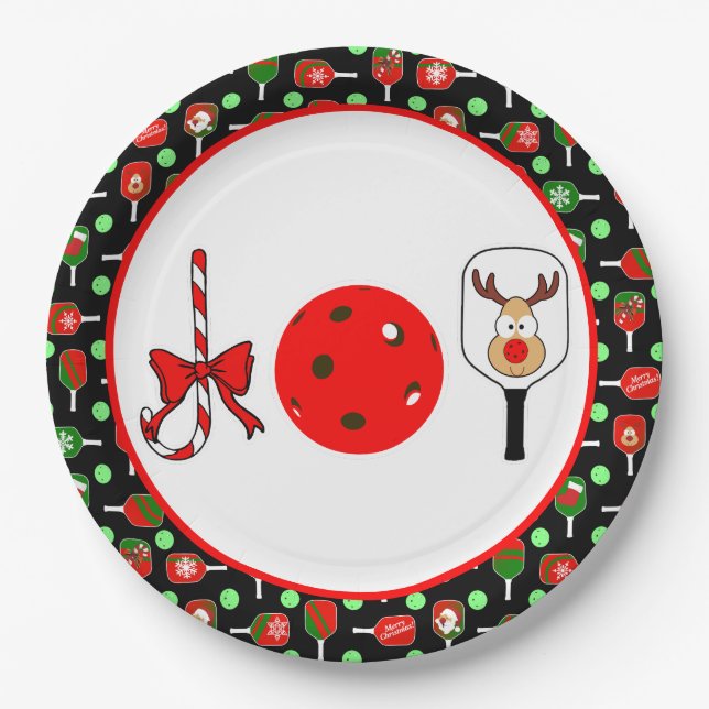 Pickleball Joy Christmas Party Red Green on Black Paper Plates (Front)
