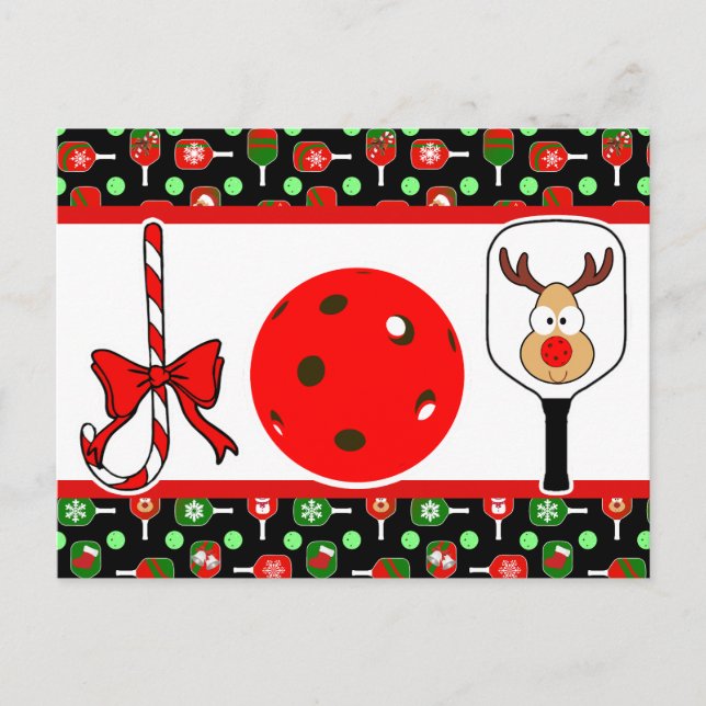 Pickleball Joy Christmas Party Red Green on Black Postcard (Front)