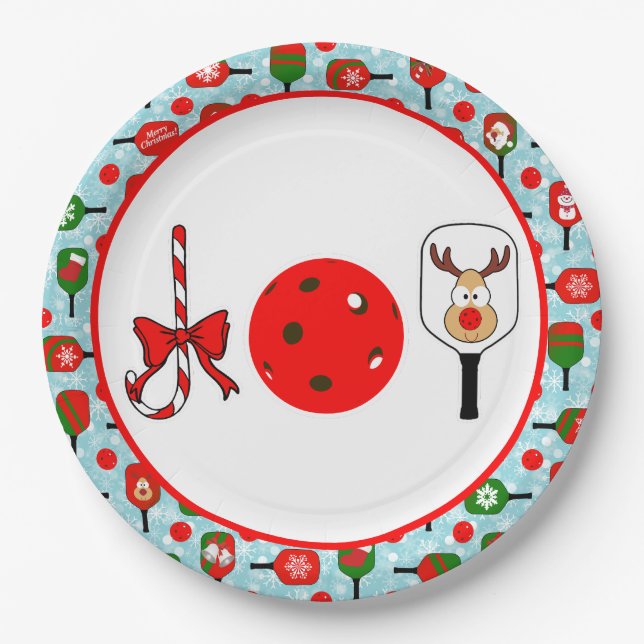 Pickleball Joy Christmas Party Red Green on Blue Paper Plates (Front)
