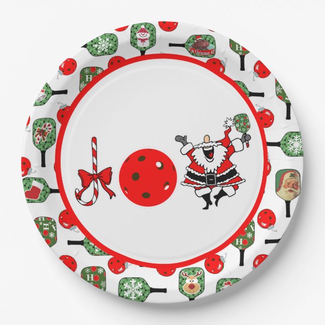 Pickleball Joy Christmas Party Red Green Paddles Paper Plates (Front)