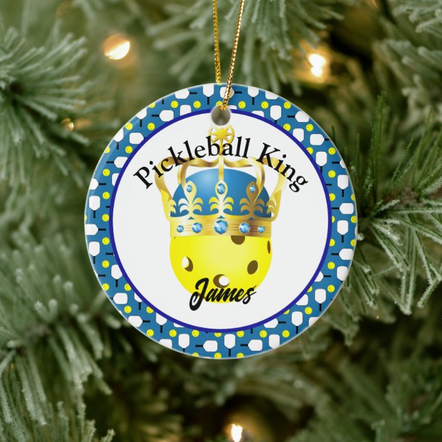 Pickleball King Personalized Yellow, Blue, White Ceramic Ornament (Tree)