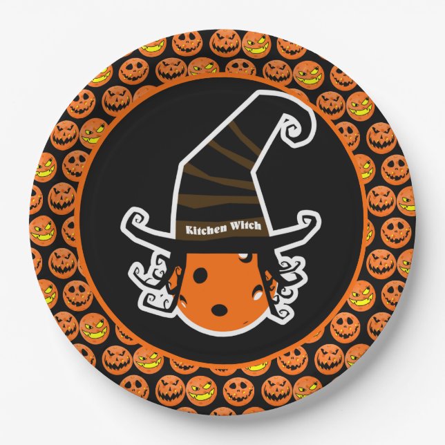 Pickleball Kitchen Witch Cute Pickleball Halloween Paper Plates (Front)