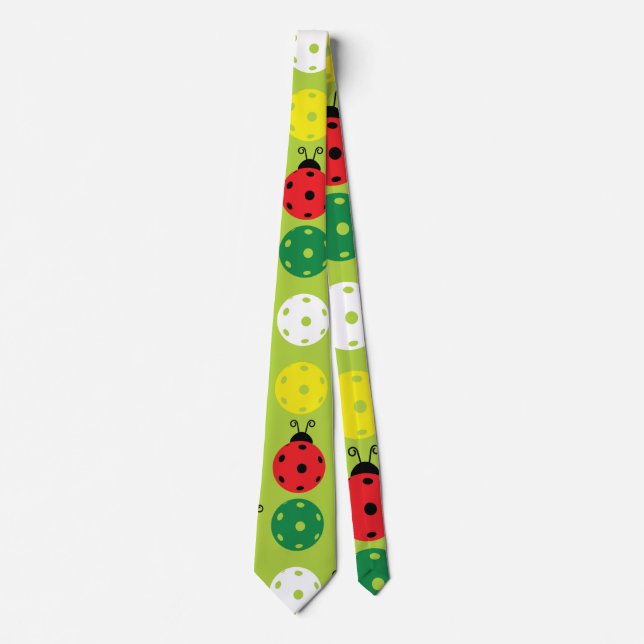 Pickleball ladybugs and pickleballs on fresh green neck tie (Front)