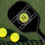 Pickleball Legend Custom Quote Name Initial Black  Pickleball Paddle<br><div class="desc">Classic design features two lines of customizable text for "Pickleball Legend" or custom saying of choice and name or custom text in a timeless modern font arched over & under an image of a pickleball in green. Add one or two intials in the center of the design over the image...</div>