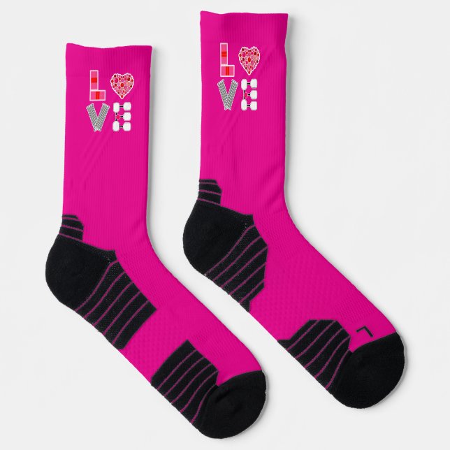 Pickleball Love Heart Court Balls Paddles Hot Pink Socks (Right)