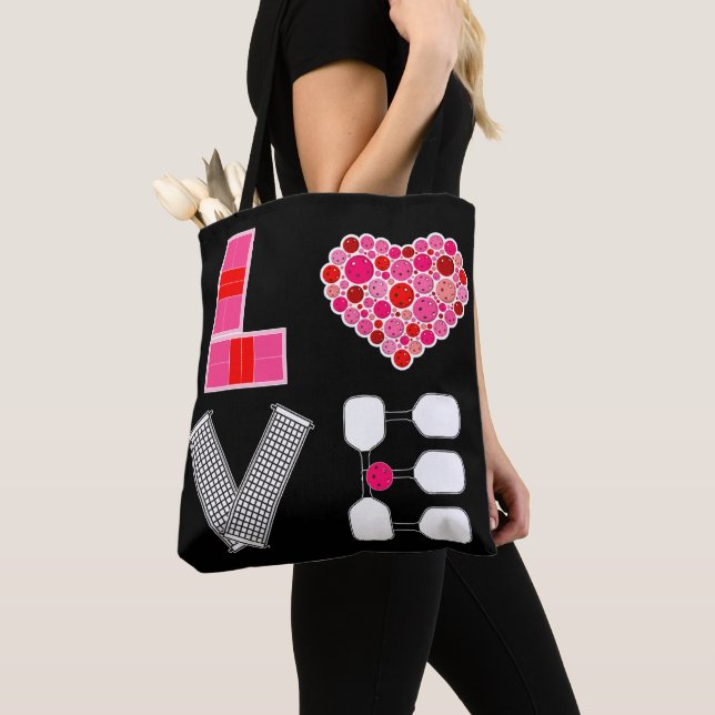Pickleball Love Heart Court Balls Paddles Pink Red Tote Bag (Close Up)