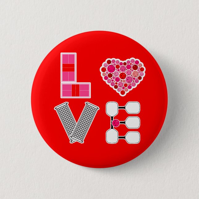 Pickleball Love Heart Court Balls Paddles Red Pink Button (Front)