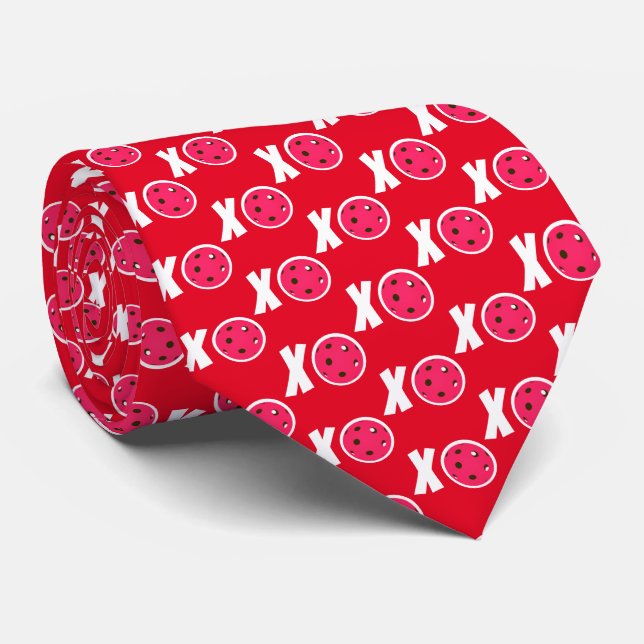 Pickleball Love Pink Valentine XOXO Pickleballs Neck Tie (Rolled)