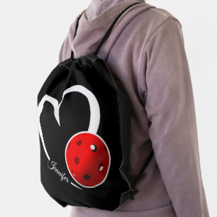 Pickleball Love White Heart Red Pickleball Drawstring Bag