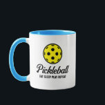 Pickleball lover coffee mug with funny quote<br><div class="desc">Pickleball lover coffee mug with funny quote. Custom cup with yellow ball logo and script text. Cute Birthday or party favor gift idea for fan, player, sports coach, mom, dad, mother, wife, daughter, teenager, husband, couple etc. Change ball logo into any color. Personalize with your own funny quote or team...</div>