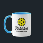 Pickleball lover coffee mug with funny quote<br><div class="desc">Pickleball lover coffee mug with funny quote. Custom cup with yellow ball logo and script text. Cute Birthday or party favor gift idea for fan, player, sports coach, mom, dad, mother, wife, daughter, teenager, husband, couple etc. Change ball logo into any color. Personalize with your own funny quote or team...</div>