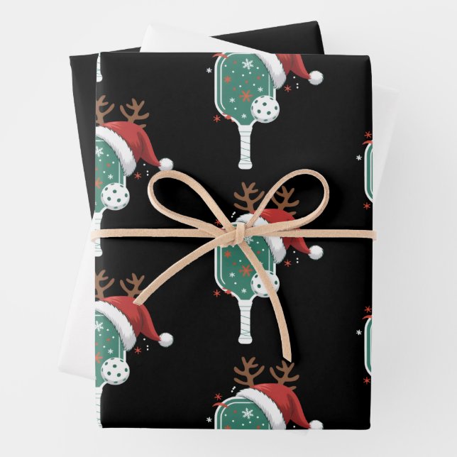 Pickleball Lover Sports Christmas Santa Hat Wrapping Paper Sheets (In situ)