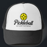 Pickleball lover trucker hat for enthusiasts<br><div class="desc">Pickleball lover trucker hat for enthusiasts. Custom tennis cap with yellow ball logo. Custom sun protection head wear for adults and teens. Cute sports Birthday party gift idea for fan, player, coach, mom, dad, mother, wife, daughter, teenager, husband, couple etc. Change ball logo into any color. Also great for other...</div>