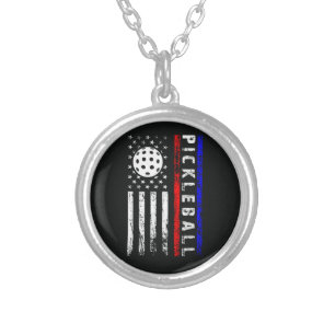 Pickleball Lovers 4th of July American Flag Silver Plated Necklace